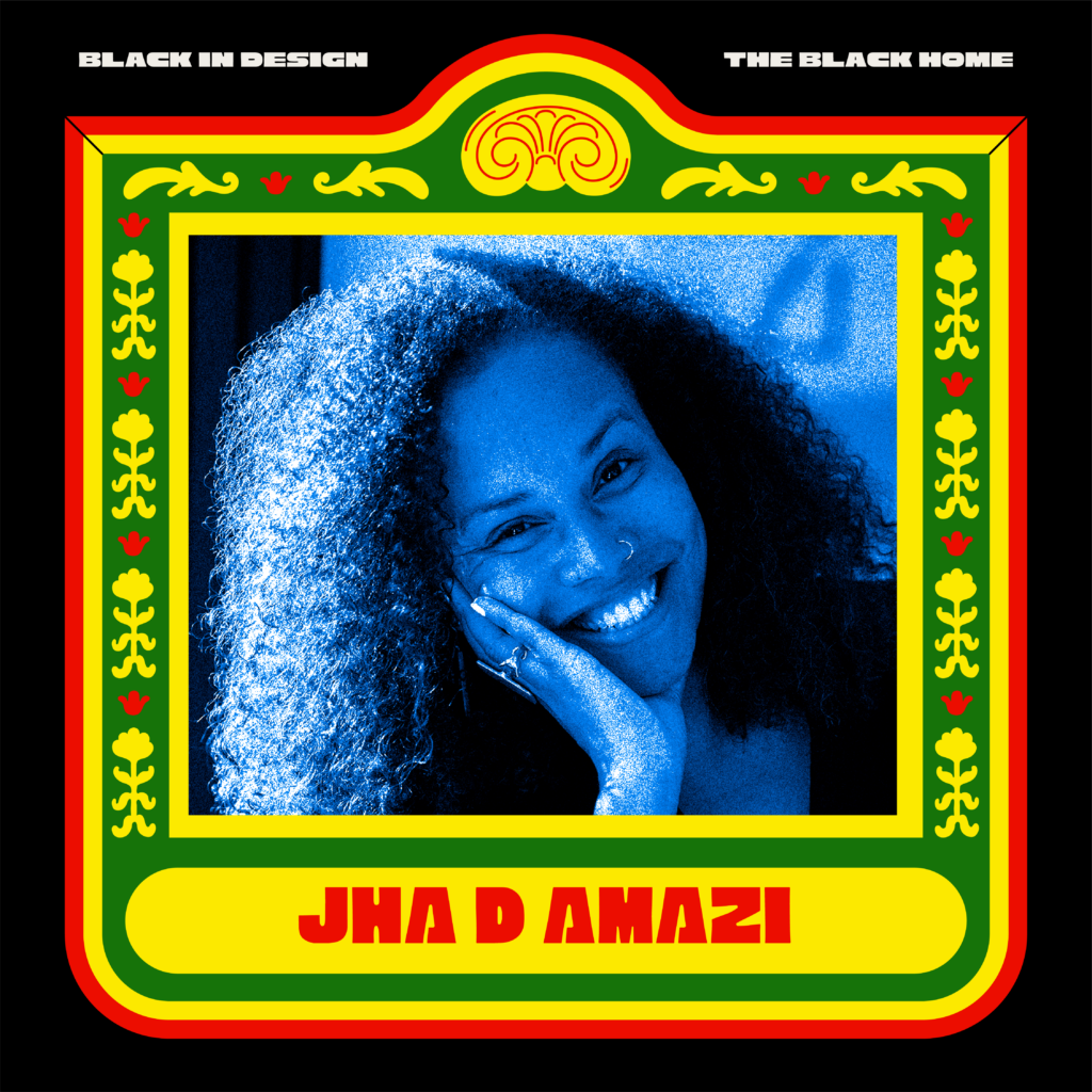 A portrait of Jha D Amazi looking straight into the camera with a bright wide smile. Her her is styled in a wavy afro that drops down to her shoulders. She is wearing a small nose ring and a big finger ring on her right hand that is resting and supporting her chin to the right. 
