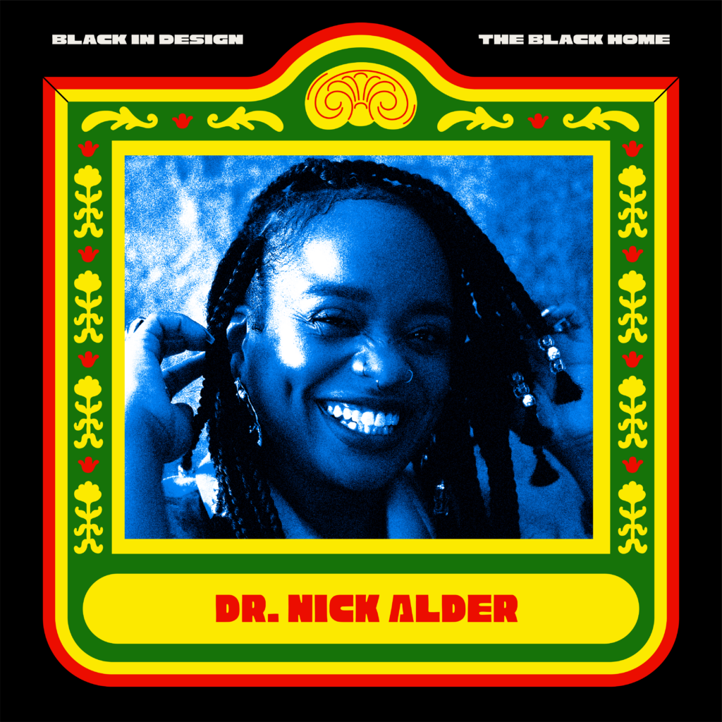 A portrait of Dr. Nick Alder facing forward with a bright and wide open smile. Their hair is in braided locs left loose and accessorized. They have three nose rings and is wearing a collared shirt.