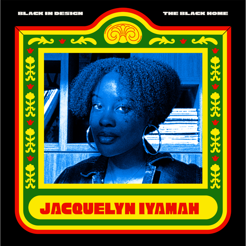 Headshot of Jacquelyn Iyaman from shoulders up facing the camera at a slight angle. She is positioned in front of a book shelf and is wearing a collared jacket over a white shirt. Her locs are trimmed up to her ears and she is wearing large hoop earrings and a small chain around her neck.