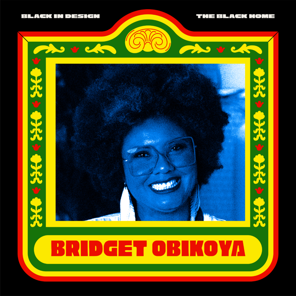 A headshot of Bridget Obikoya facing the camera straight with a wide and bright smile. Her hair is styled in a round afro. She is wearing large square framed spectacles, long earrrings and a bright colored shirt. 